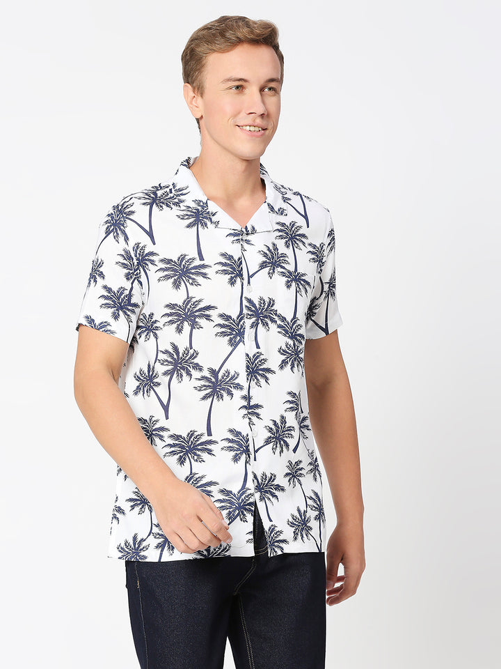 Coconut Tree Blue Printed Rayon Shirt