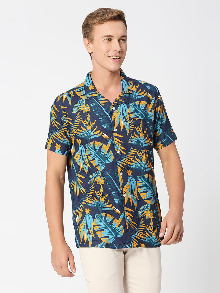 Tropico Blue Palm Leaf Print Rayon Shirt