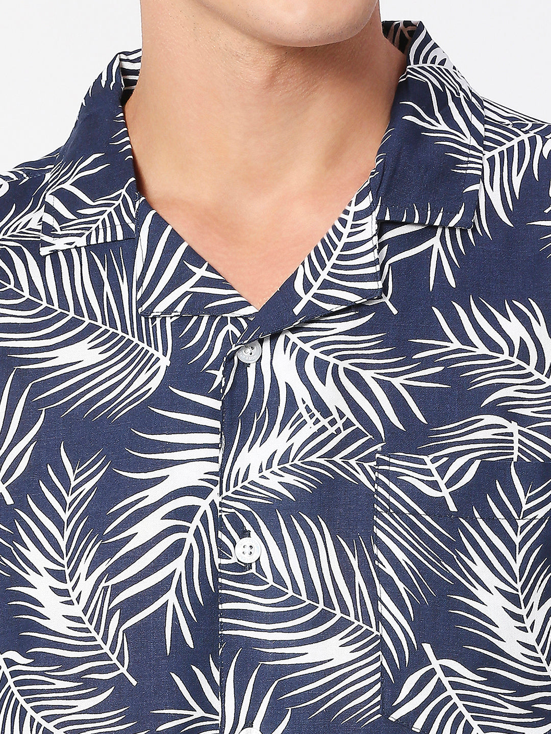 Fronds Dark Blue Palm Print Rayon Shirt