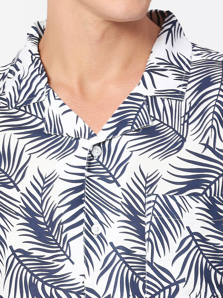 Fronds Blue Palm Print Rayon Shirt