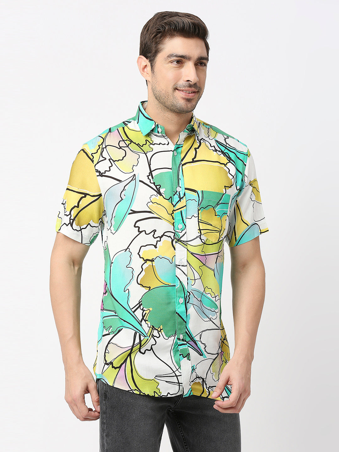Squiggle Floral Print Rayon Shirt