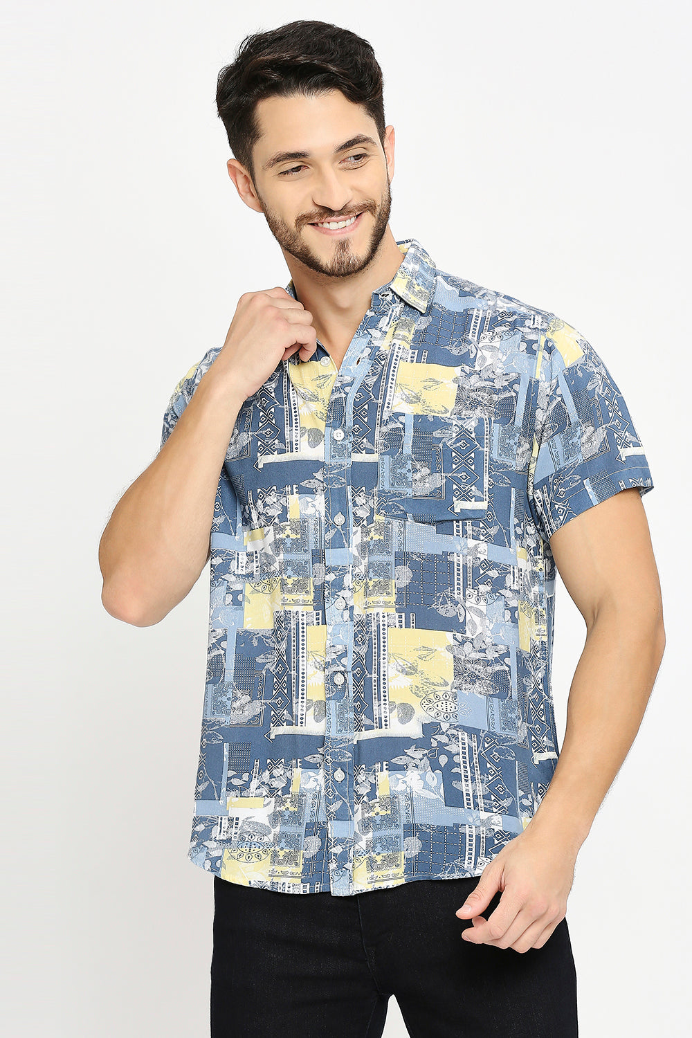 Square Floral Printed Yellow Blue Shirt