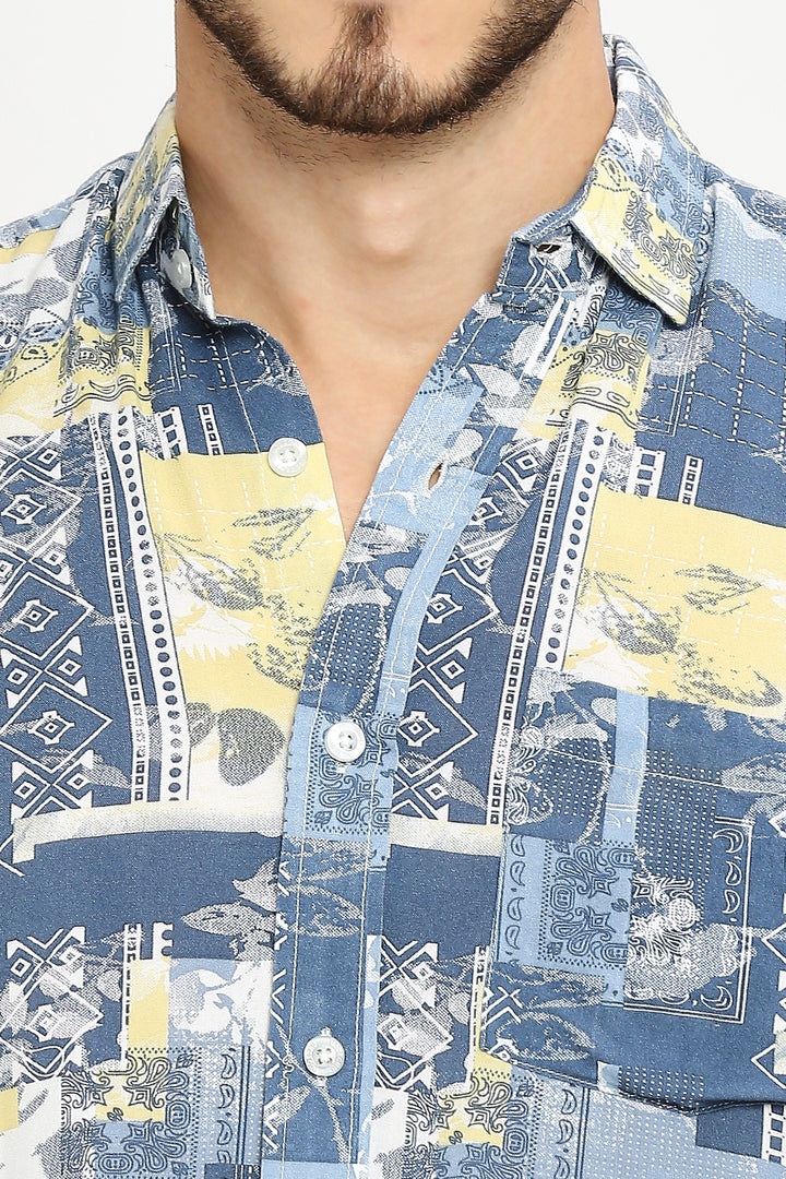 Square Floral Printed Yellow Blue Shirt