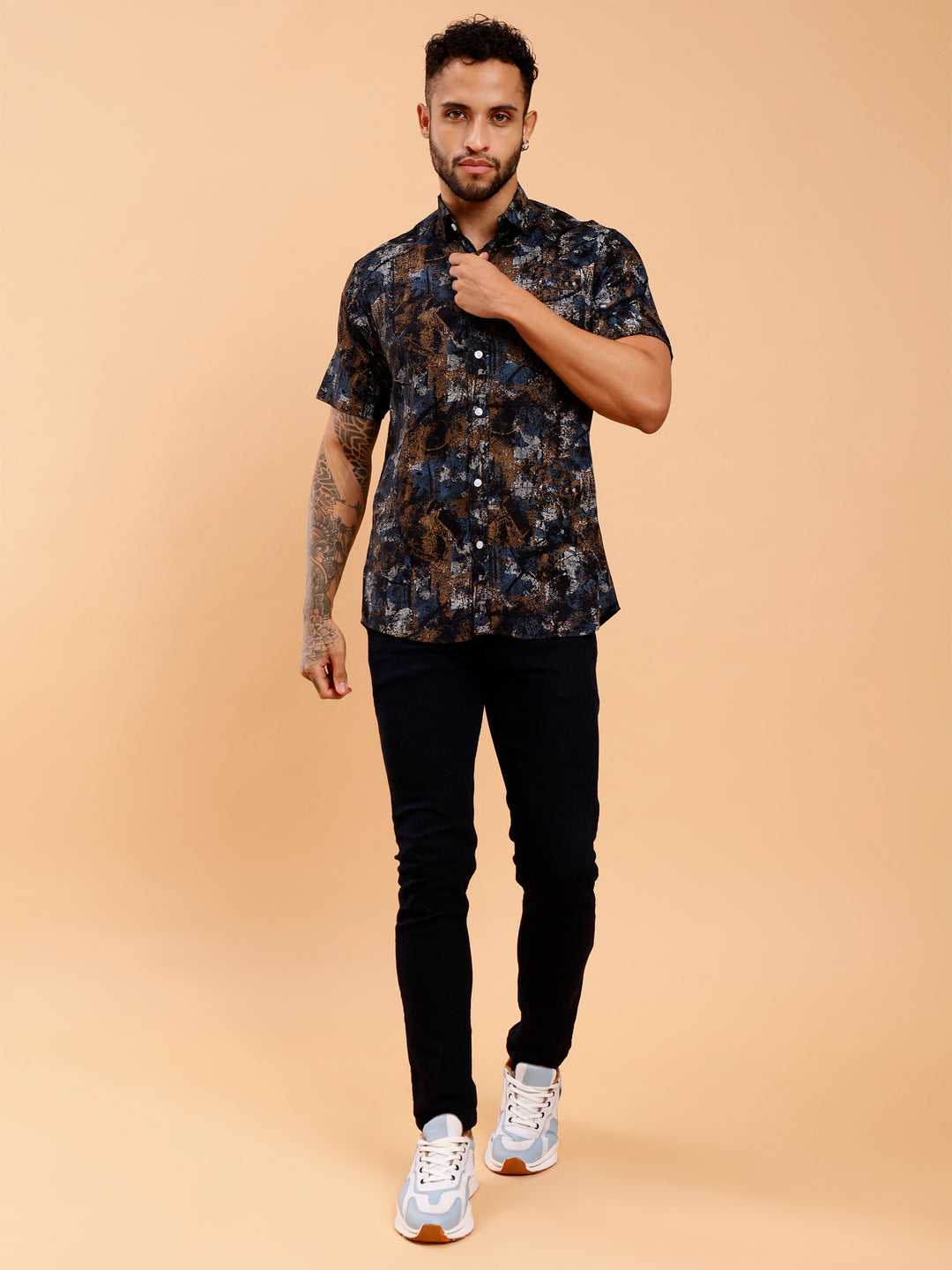 Grit Abstract Print Blue Brown Shirt