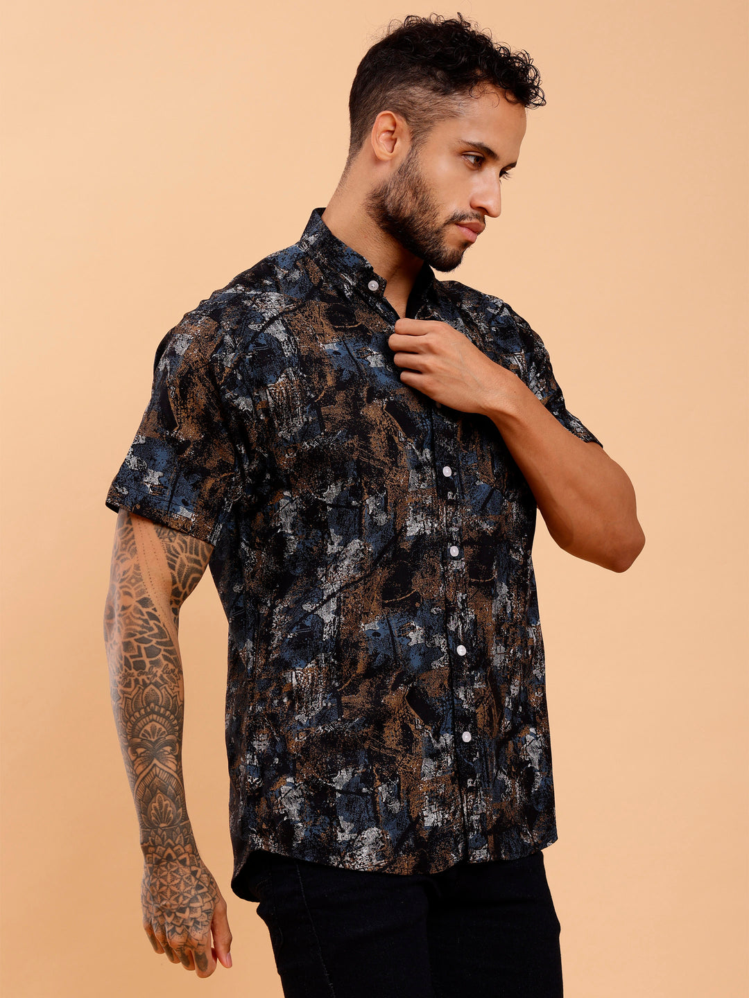 Grit Abstract Print Blue Brown Shirt