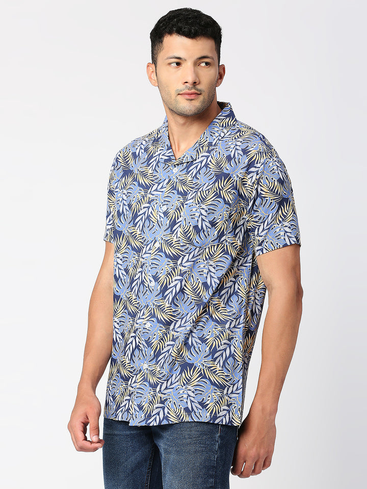 Tropico Dark Blue Palm Leaf Print Shirt