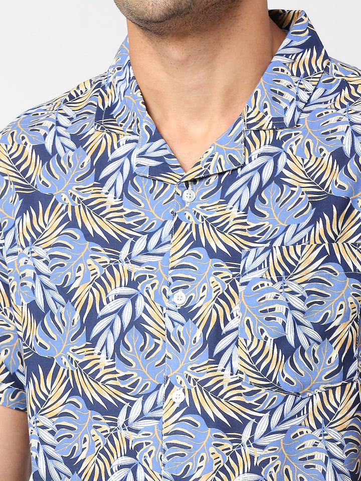 Tropico Dark Blue Palm Leaf Print Shirt