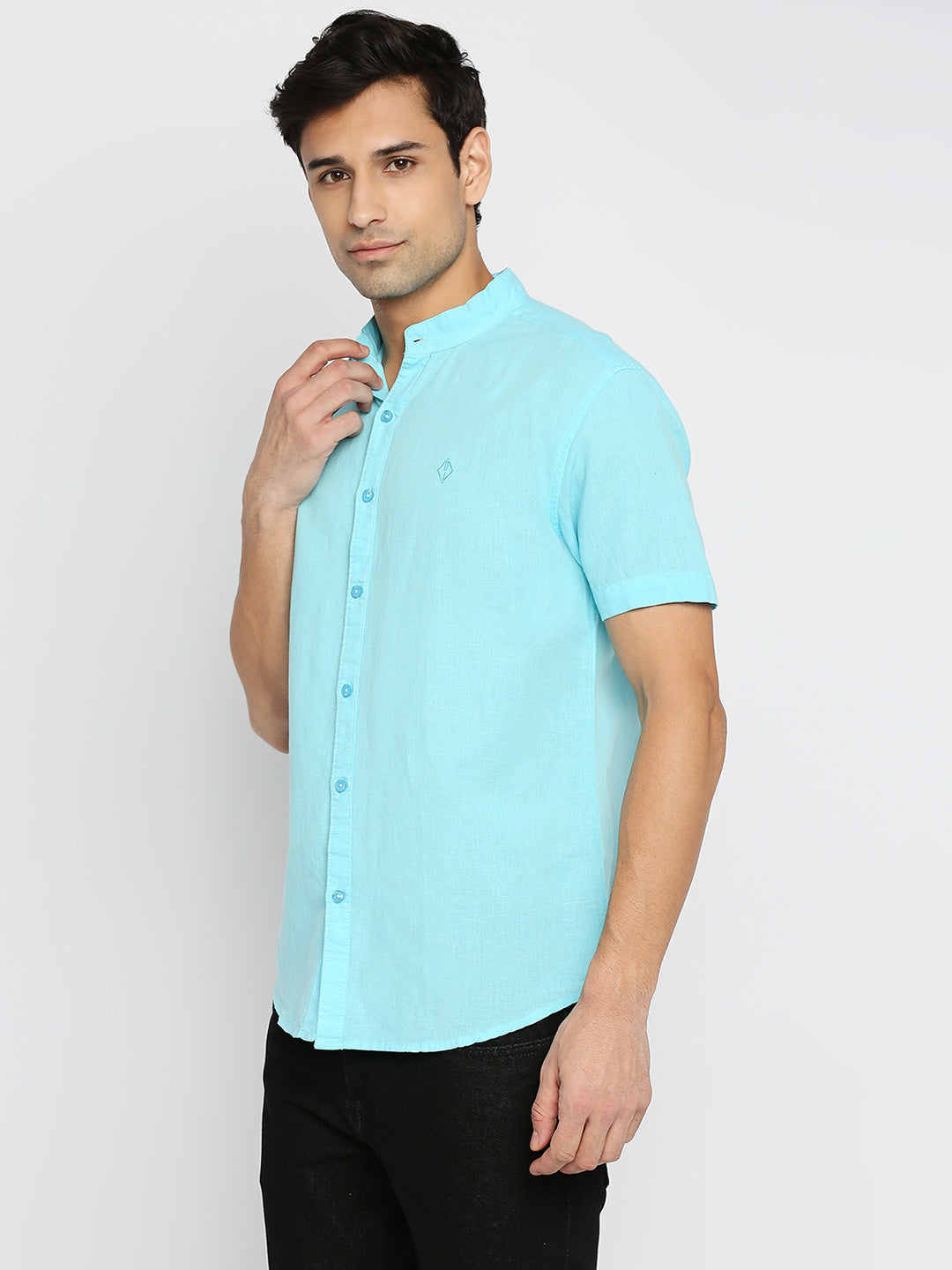 Mandarin Linen Cotton Light Blue Shirt