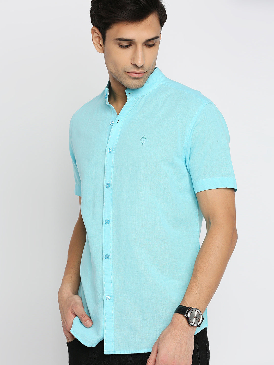 Mandarin Linen Cotton Light Blue Shirt