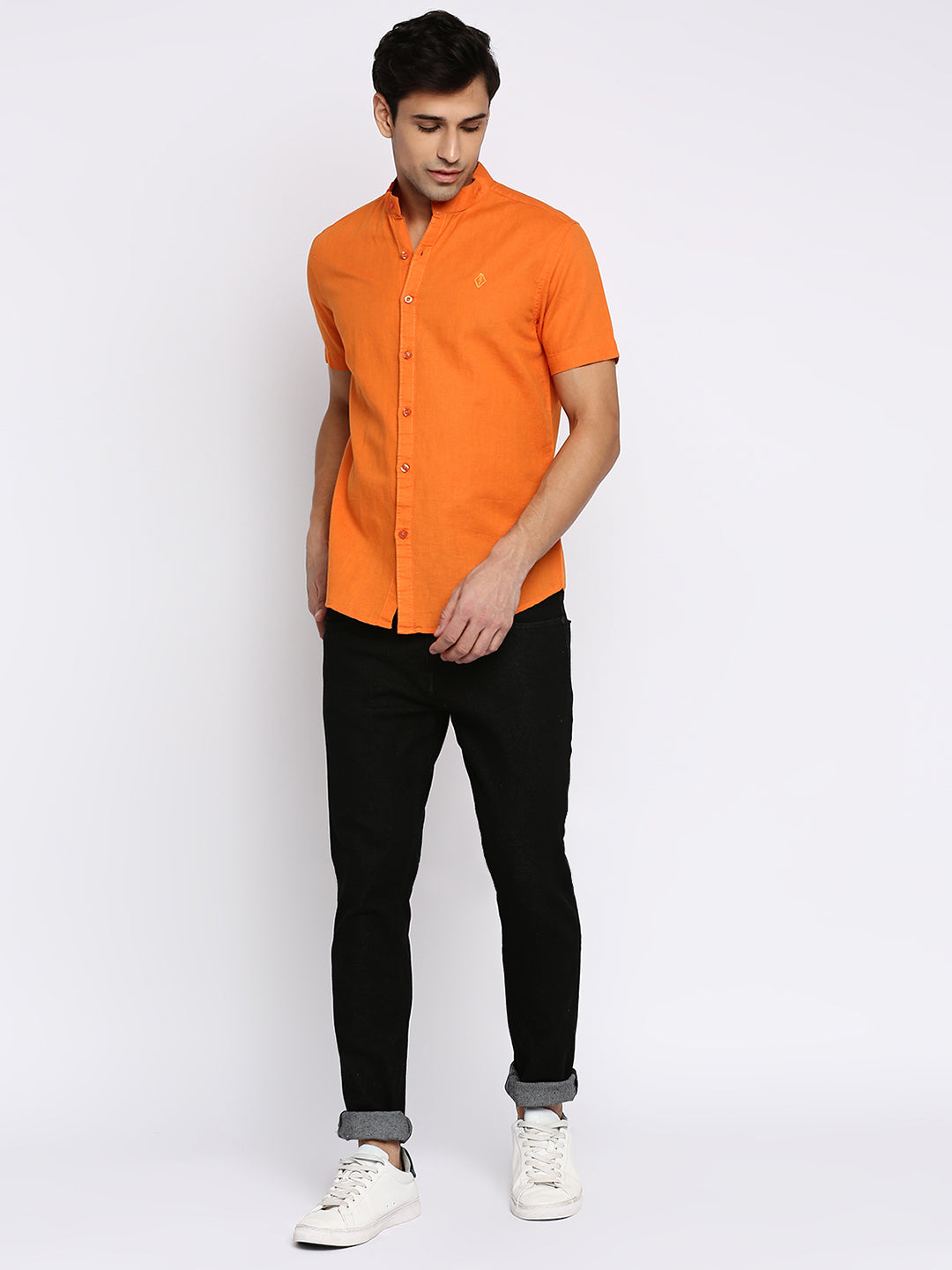 Mandarin Linen Cotton Orange Shirt