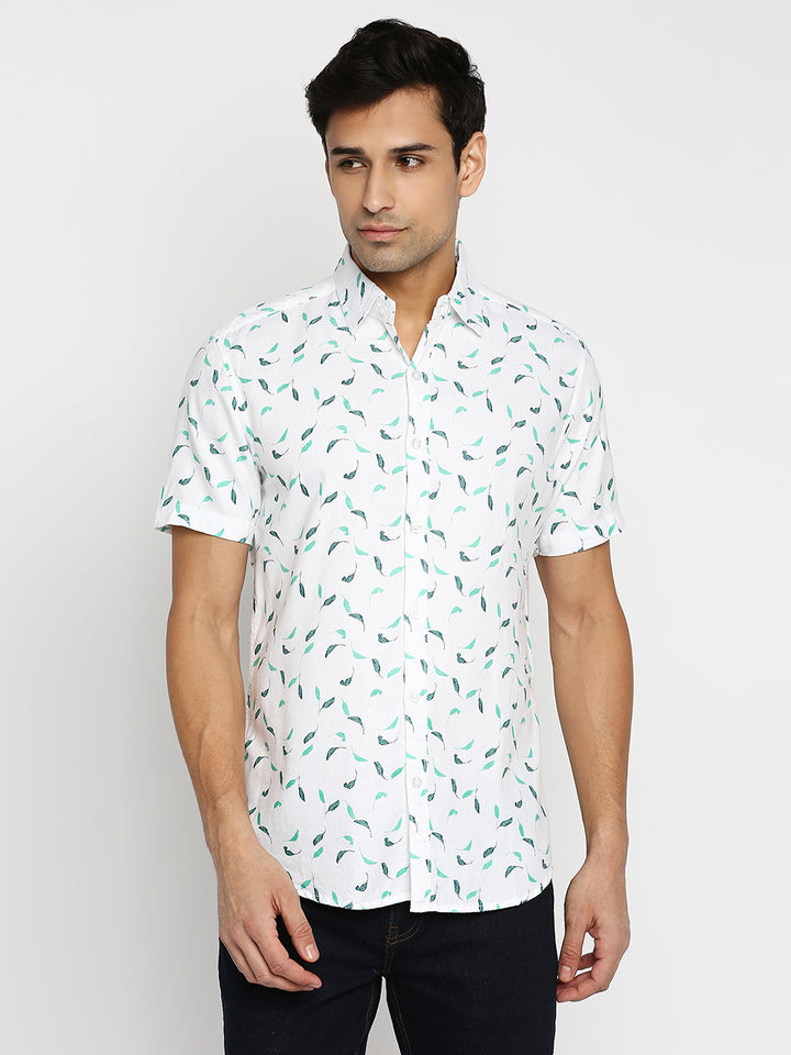 Absolute Modal Cotton Green Leaves Slim Fit Shirt