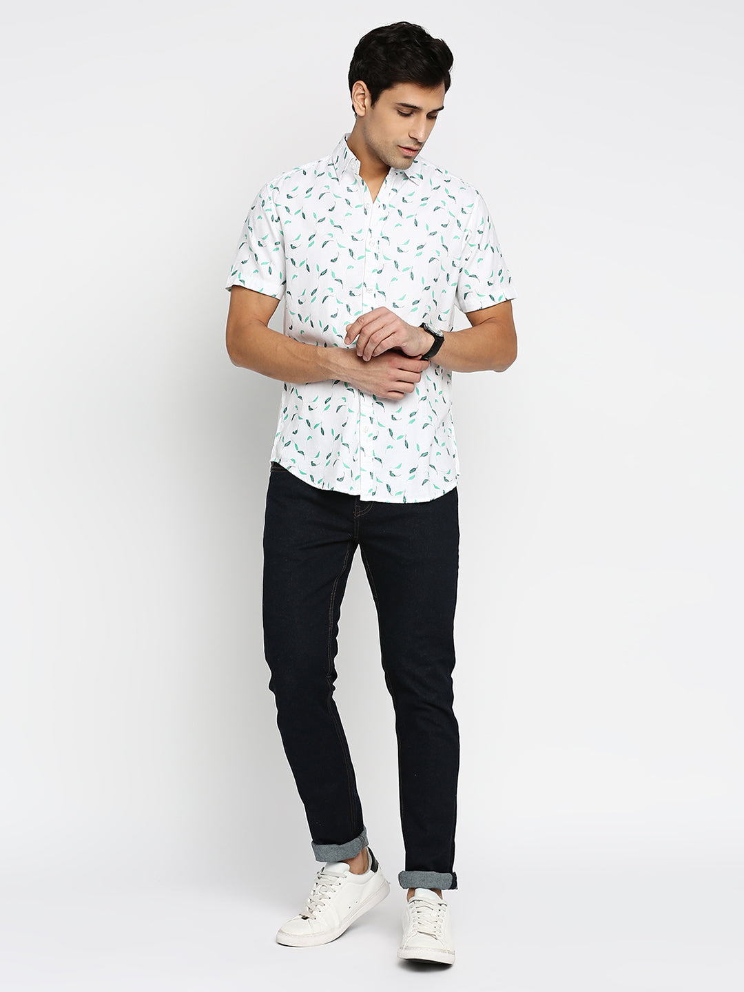 Absolute Modal Cotton Green Leaves Slim Fit Shirt
