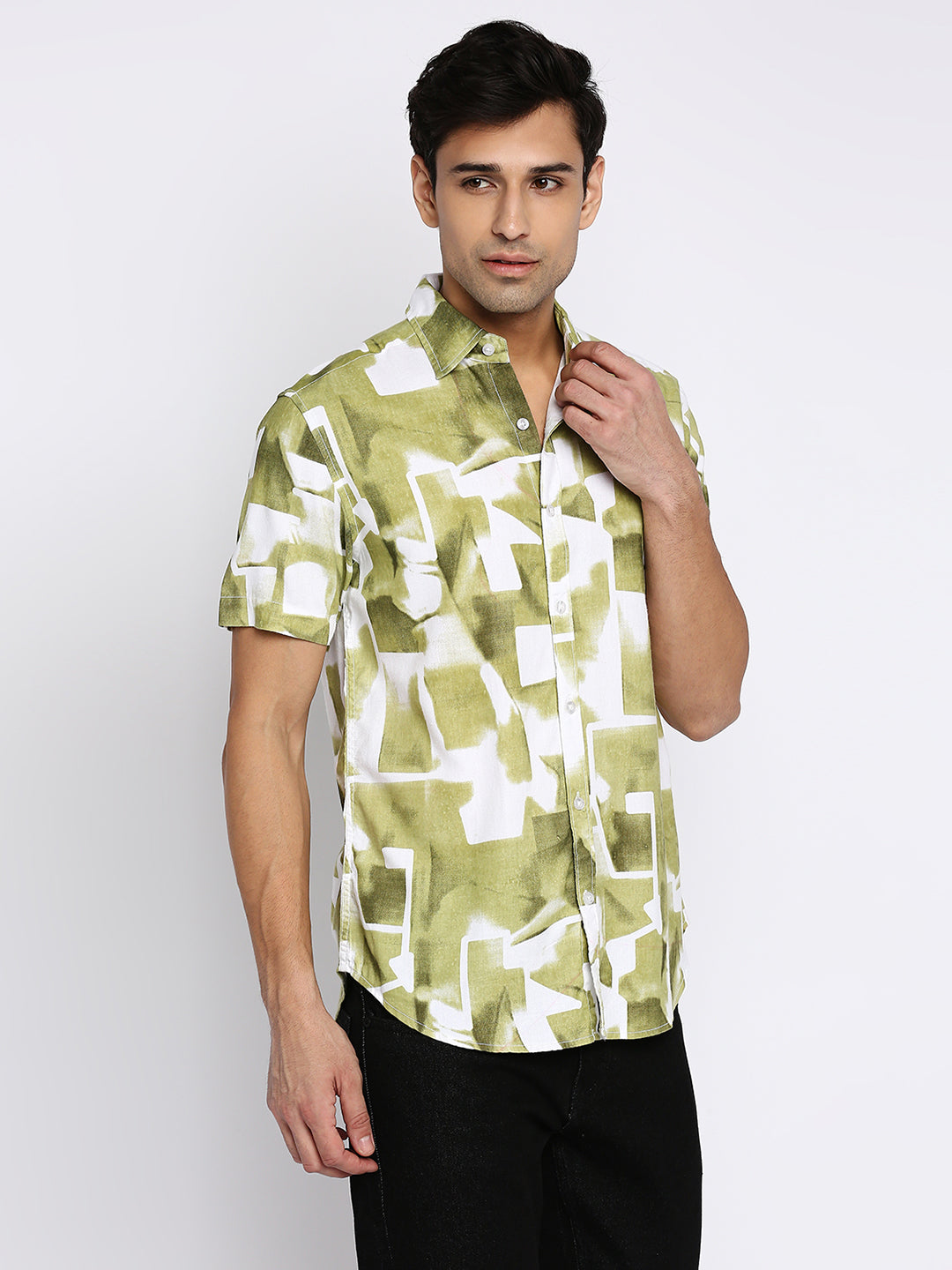 Absolute Modal Cotton Green Abstract Slim Fit Shirt