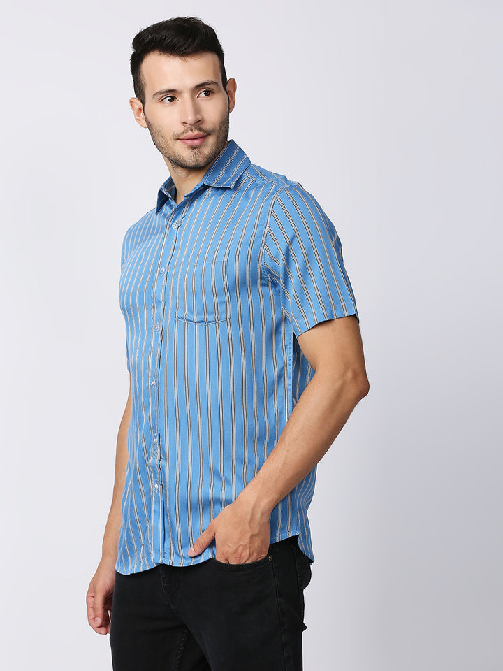 Zest Blue Pinstripes Half Sleeve Shirt