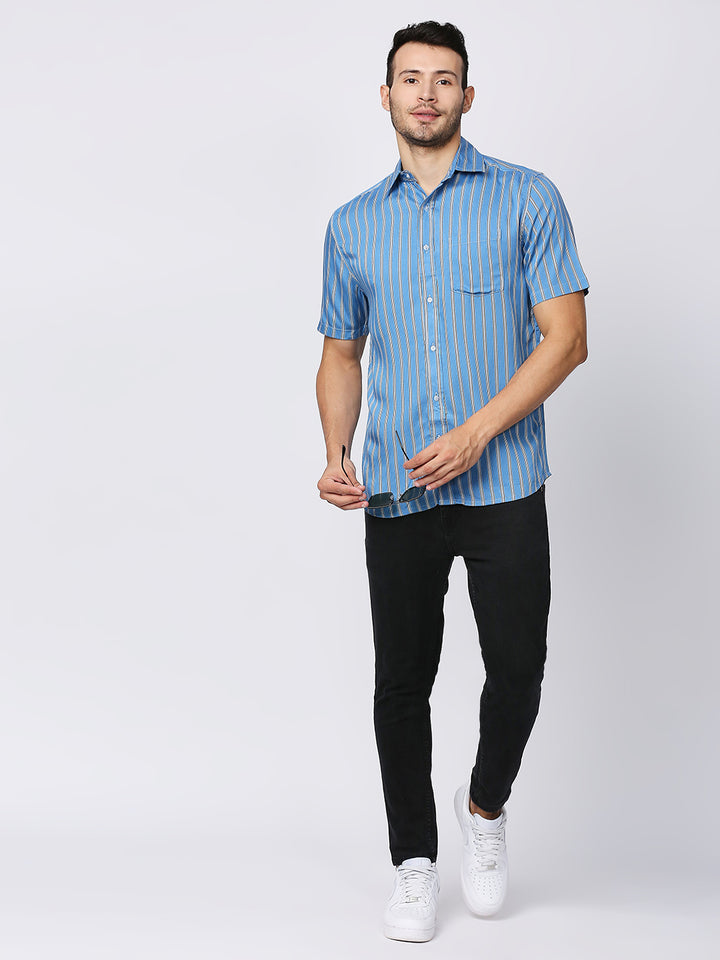 Zest Blue Pinstripes Half Sleeve Shirt