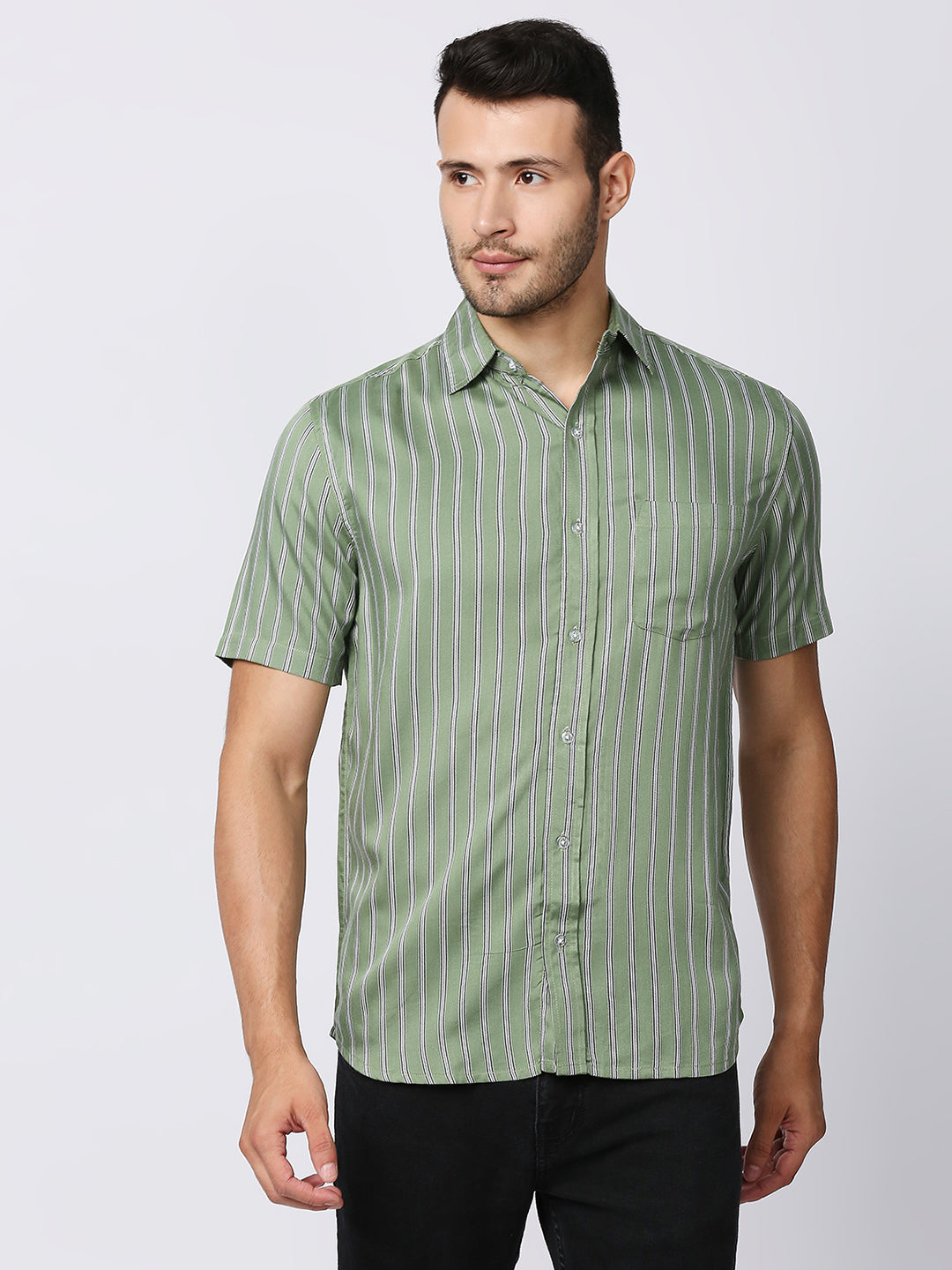 Zest Green Pinstripes Half Sleeve Shirt