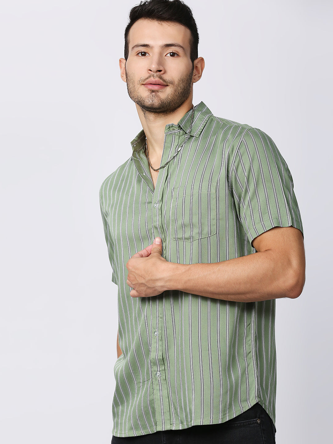 Zest Green Pinstripes Half Sleeve Shirt