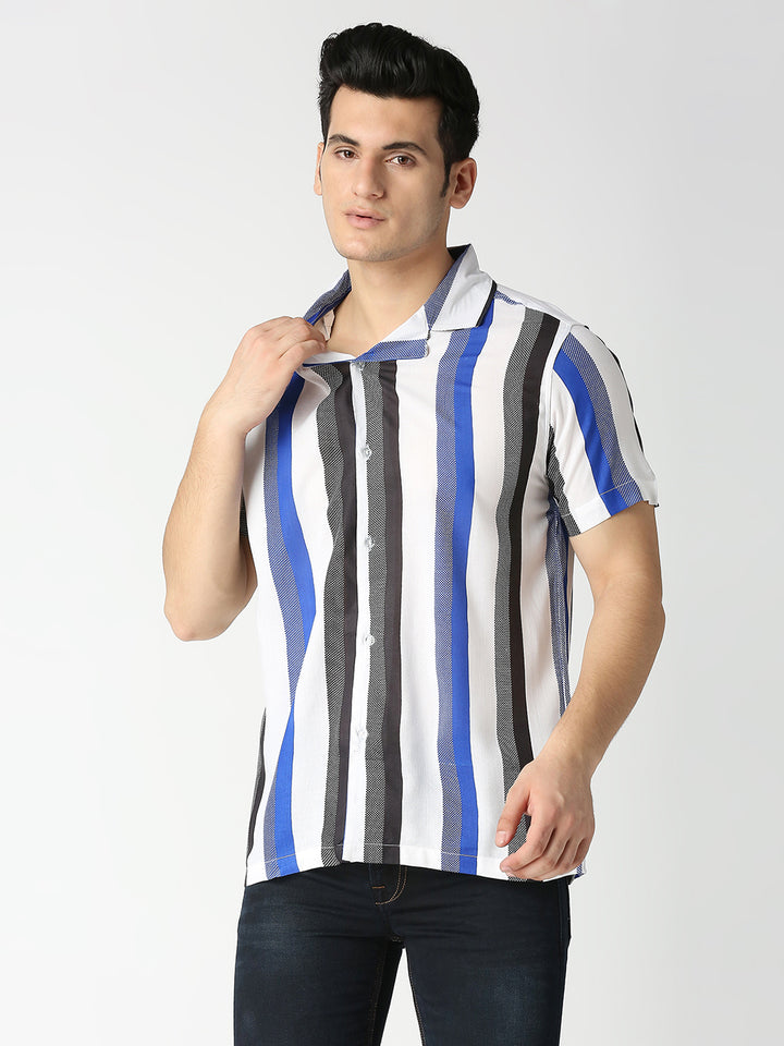 Alegria Blue Large Stripes Cuban Collar Shirt