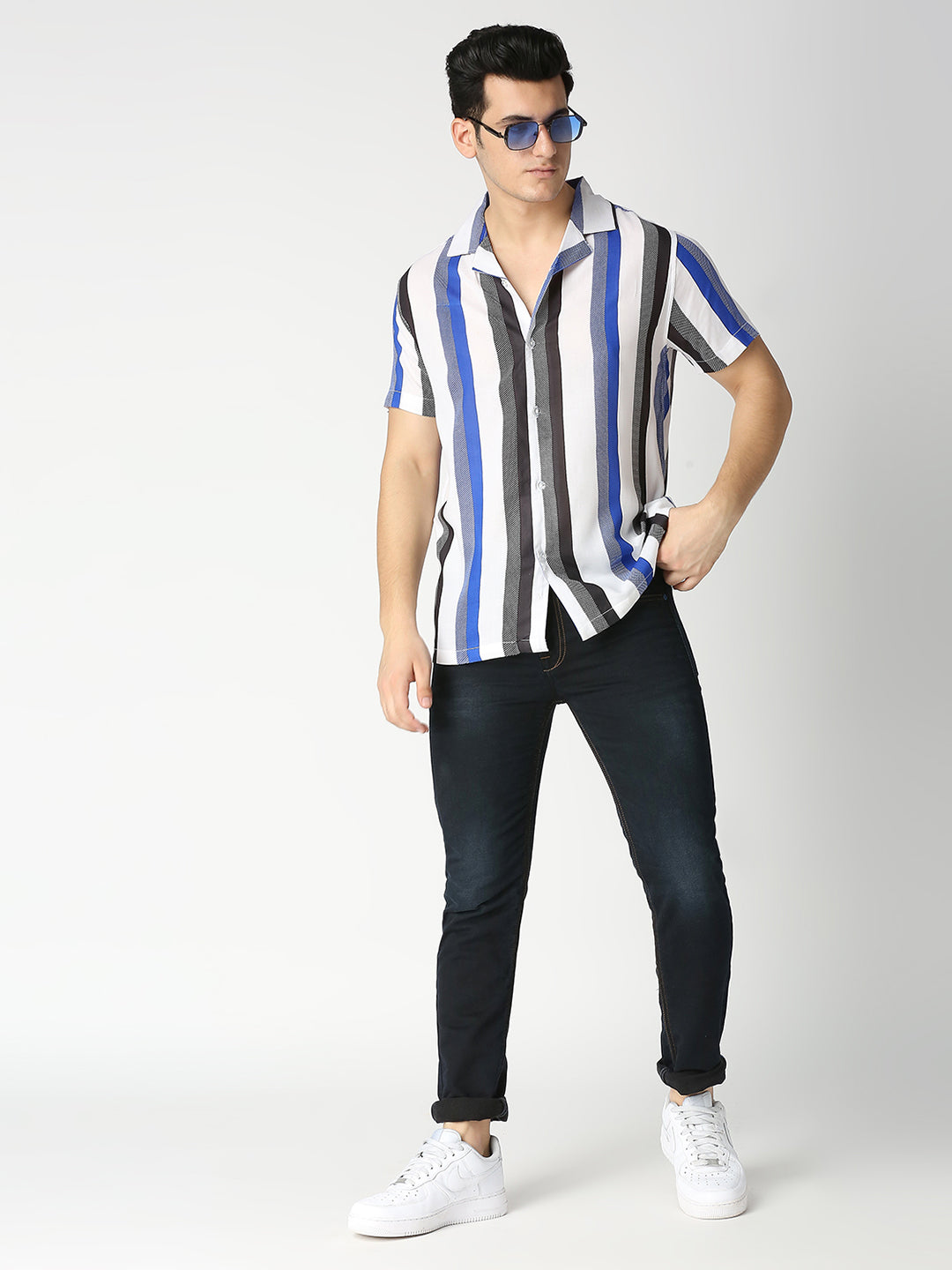 Alegria Blue Large Stripes Cuban Collar Shirt