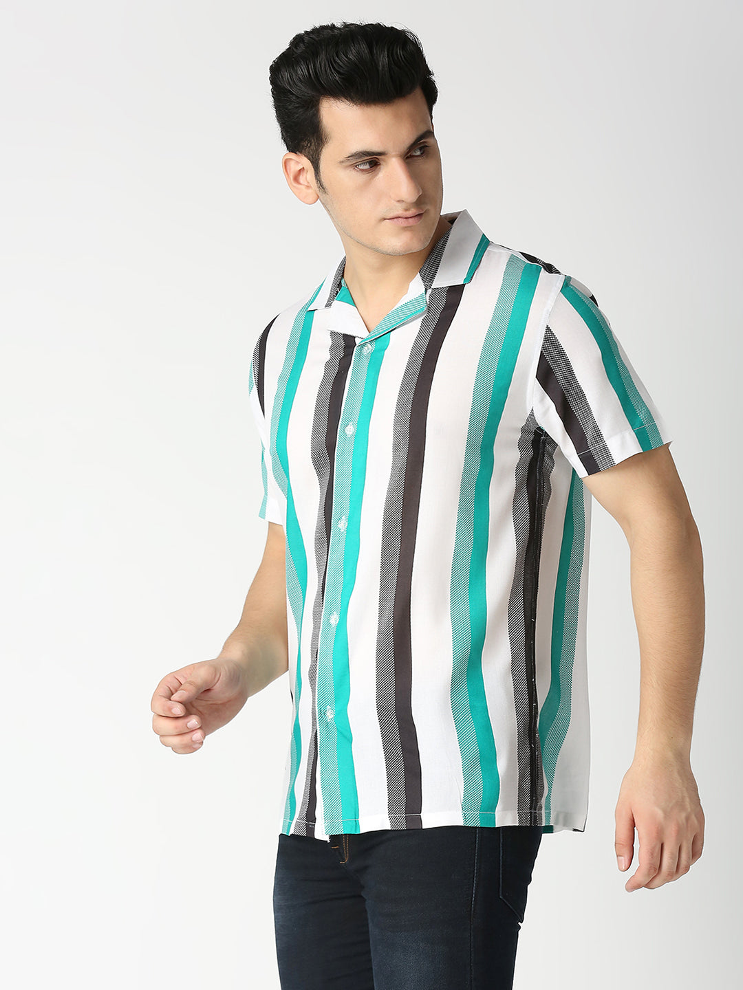 Alegria Green Large Stripes Cuban Collar Shirt