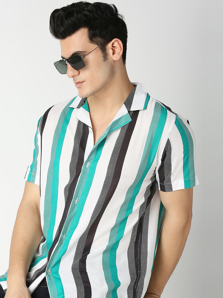 Alegria Green Large Stripes Cuban Collar Shirt