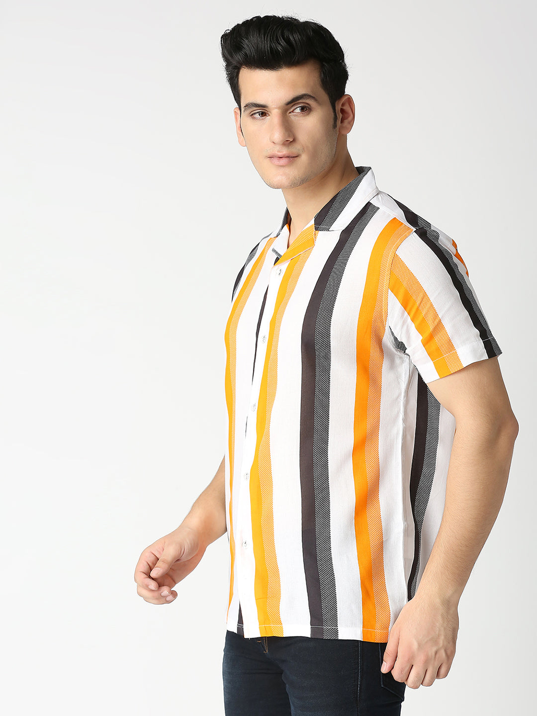 Alegria Orange Large Stripes Cuban Collar Shirt