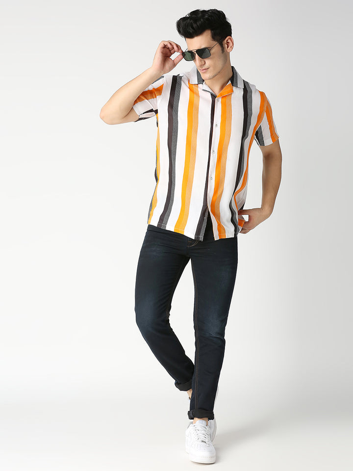 Alegria Orange Large Stripes Cuban Collar Shirt
