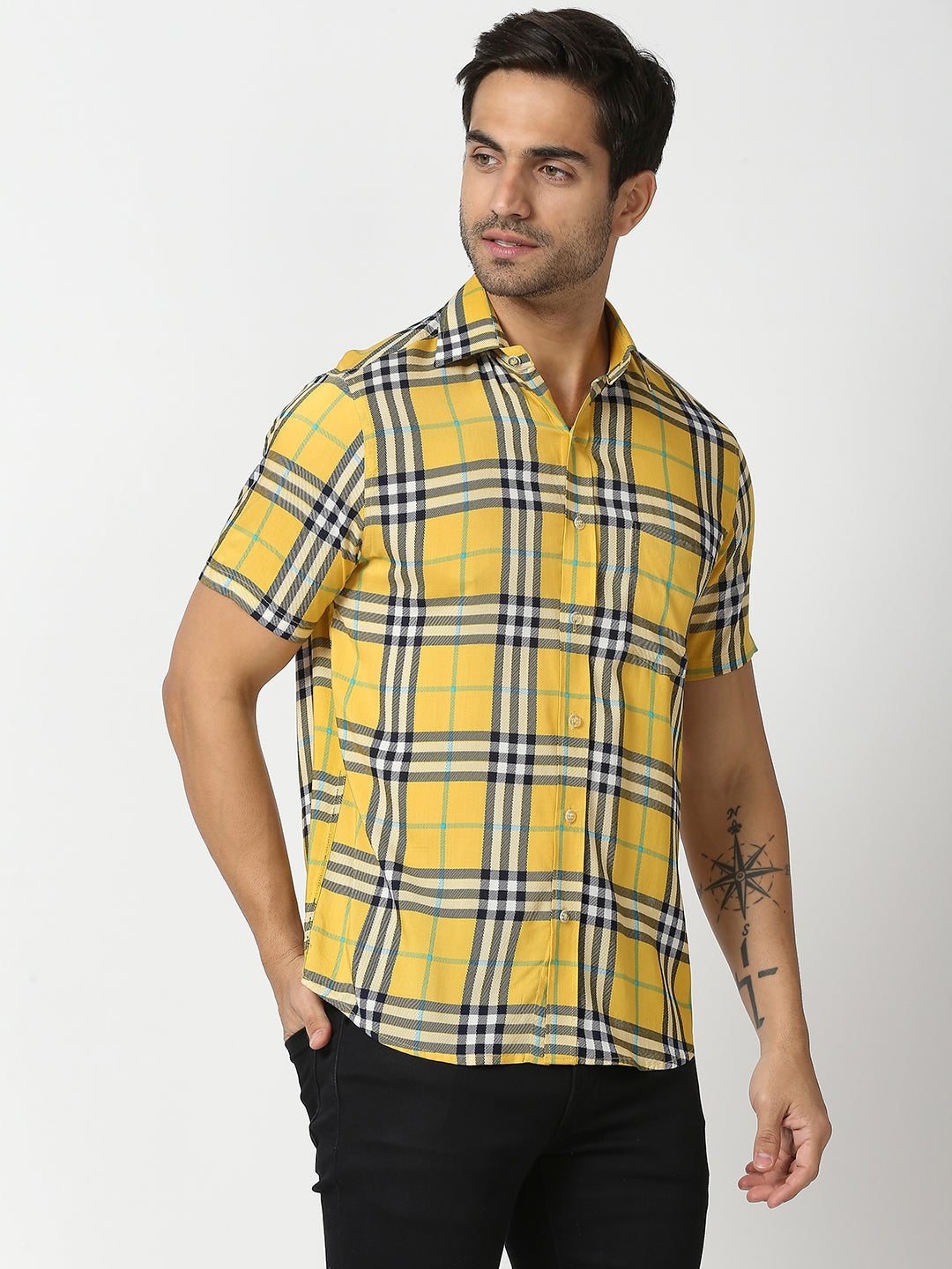 Logic Yellow Blue Tartan Checks Shirt
