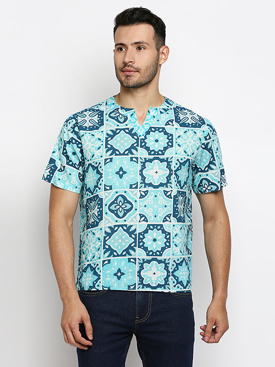 Dreamer Excel Linen Printed Blue T-Shirt